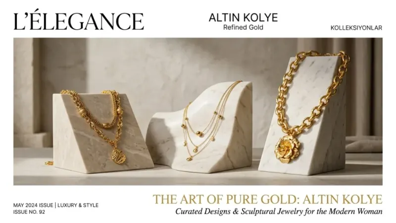For this article, select a creative concept directly related to the topic, and create visuals with cinematic quality and the aesthetic of an editorial magazine cover, ensuring each composition is unique and distinct. The visuals must be in landscape format, with a 16:9 aspect ratio, and feature a wide, horizontal composition—vertical or square formats are strictly prohibited. Wide landscape format only, no portrait, no square.“Altın Kolye Fiyatları”