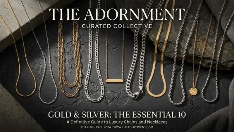For this article, select a creative concept directly related to the topic, and create visuals with cinematic quality and the aesthetic of an editorial magazine cover, ensuring each composition is unique and distinct. The visuals must be in landscape format, with a 16:9 aspect ratio, and feature a wide, horizontal composition—vertical or square formats are strictly prohibited. Wide landscape format only, no portrait, no square.“En Şık 10 Kolye ve Zincir Modeli”